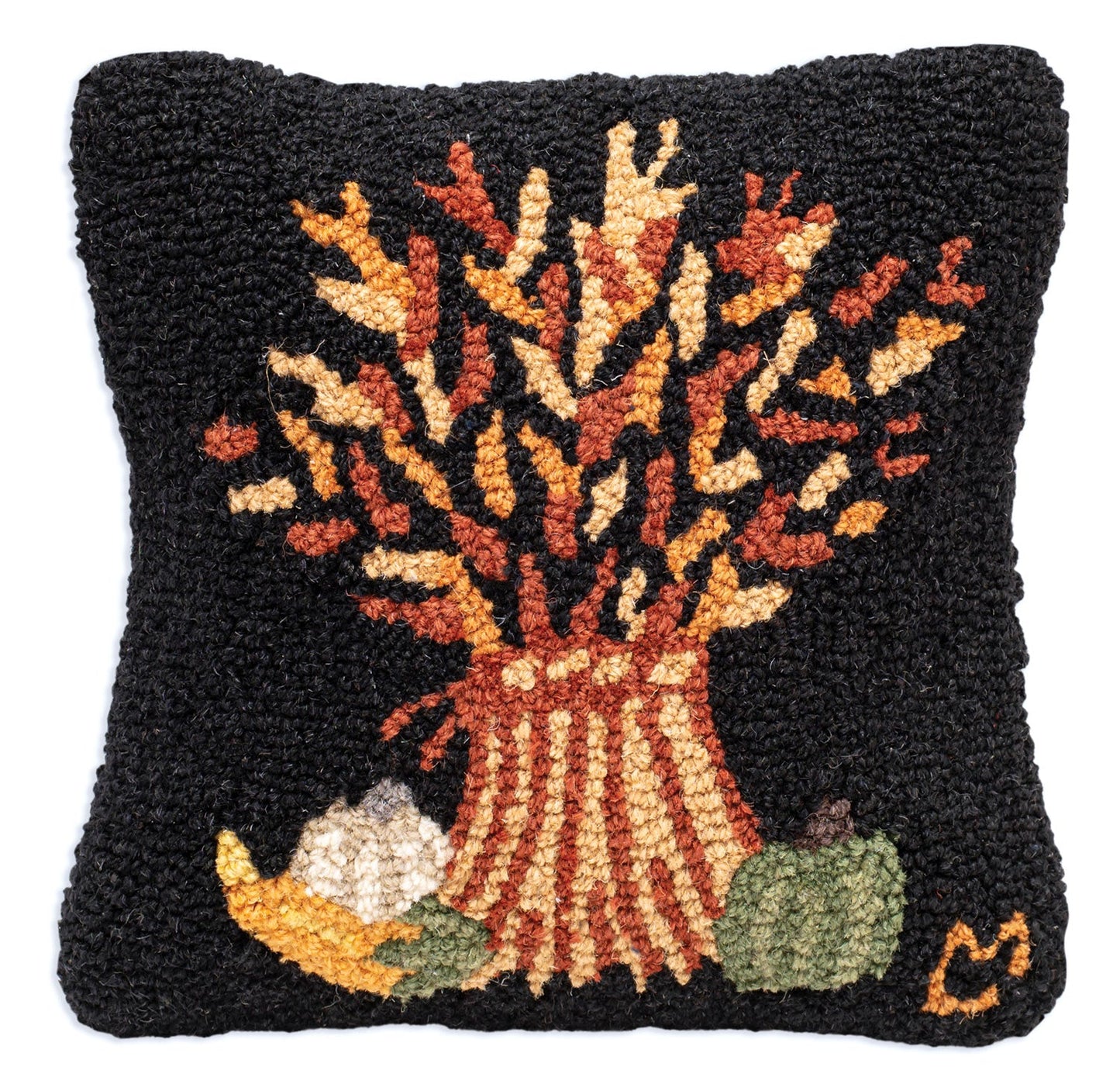 Wheat Sheaf and Gourds - 14" X 14" Hooked Wool Pillow