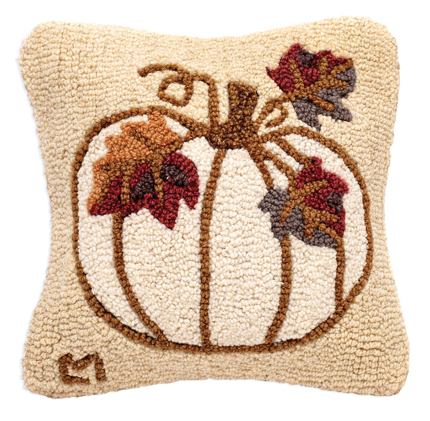 White Pumpkin - 14" X 14" Hooked Wool Pillow