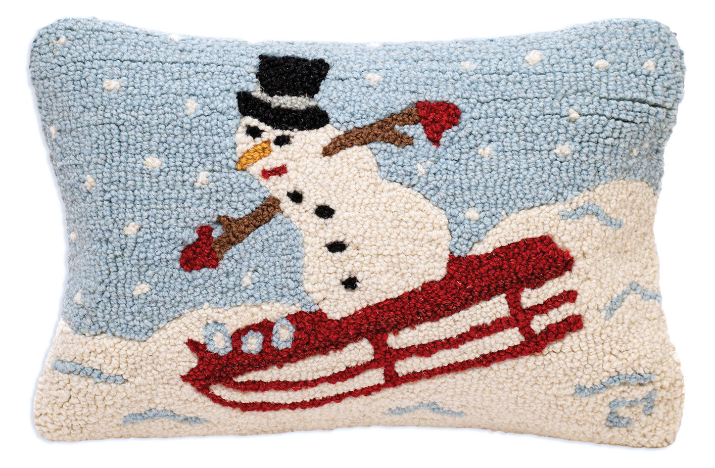 Sledding Snowman - 12" X 18" Hooked Wool Pillow