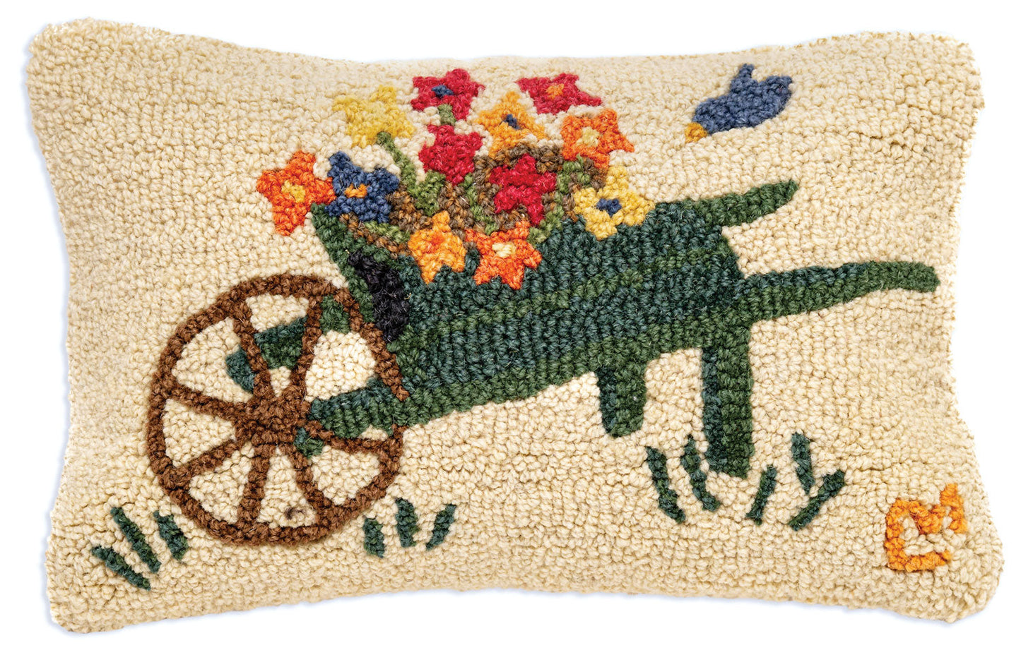 Wheelbarrow Flowers - 12" X 18" Hooked Wool Pillow