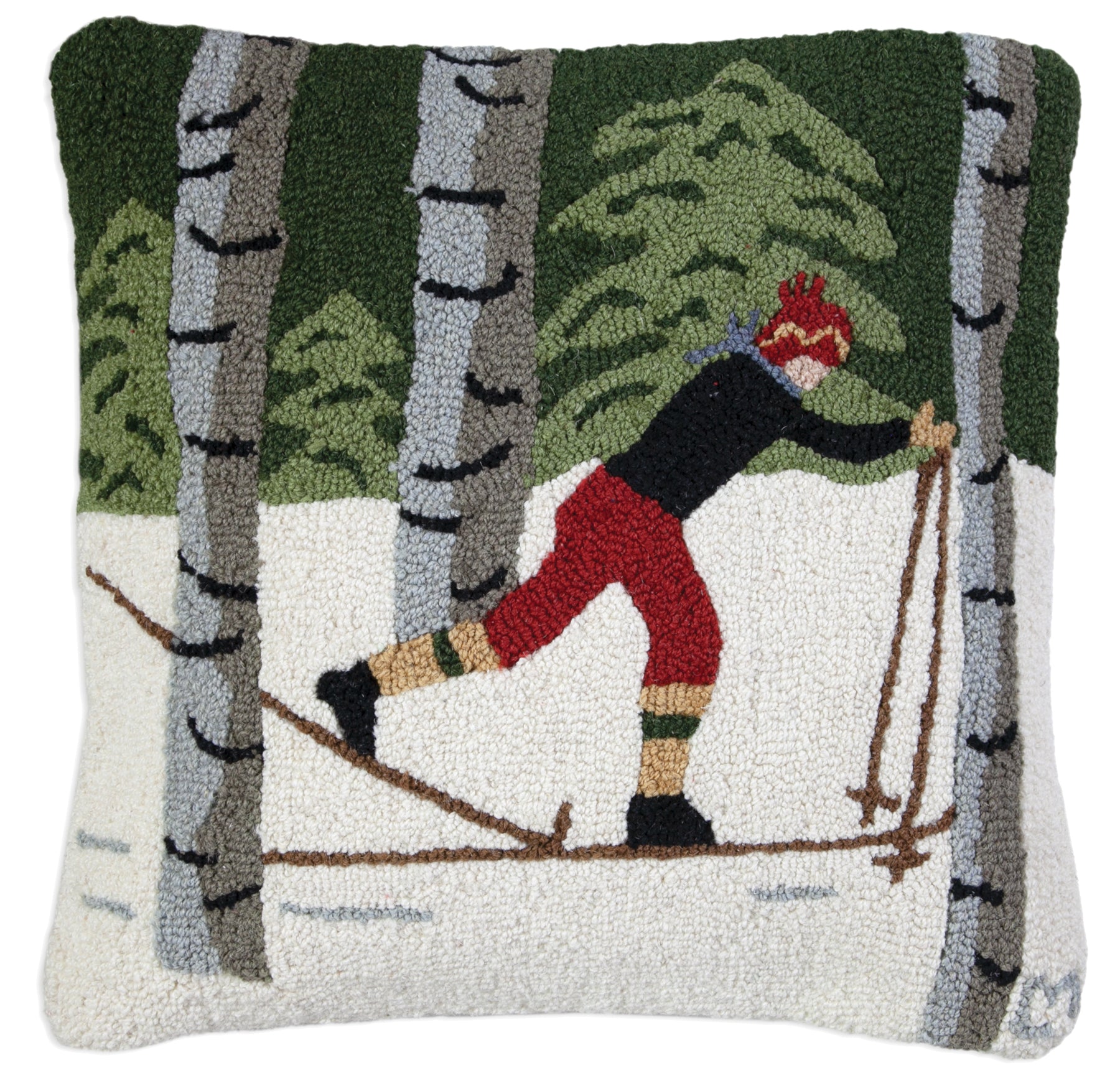 Hooked Wool Pillow - Back Country Skier - 22" x 22"