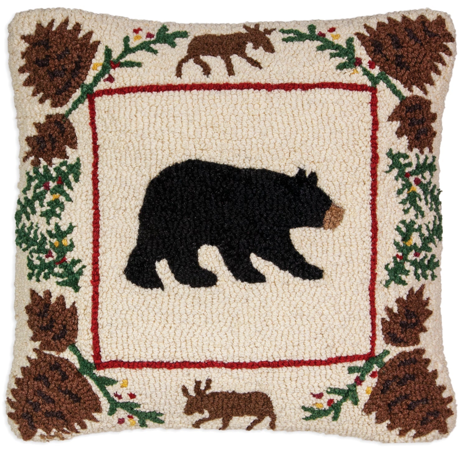 Hooked Wool Pillow - Bear And Berries - 22" x 22"