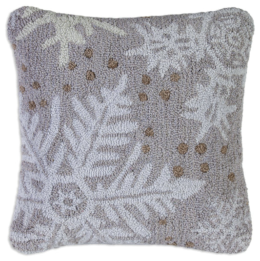 Hooked Wool Pillow - Taupe Snowflakes - 22" x 22"