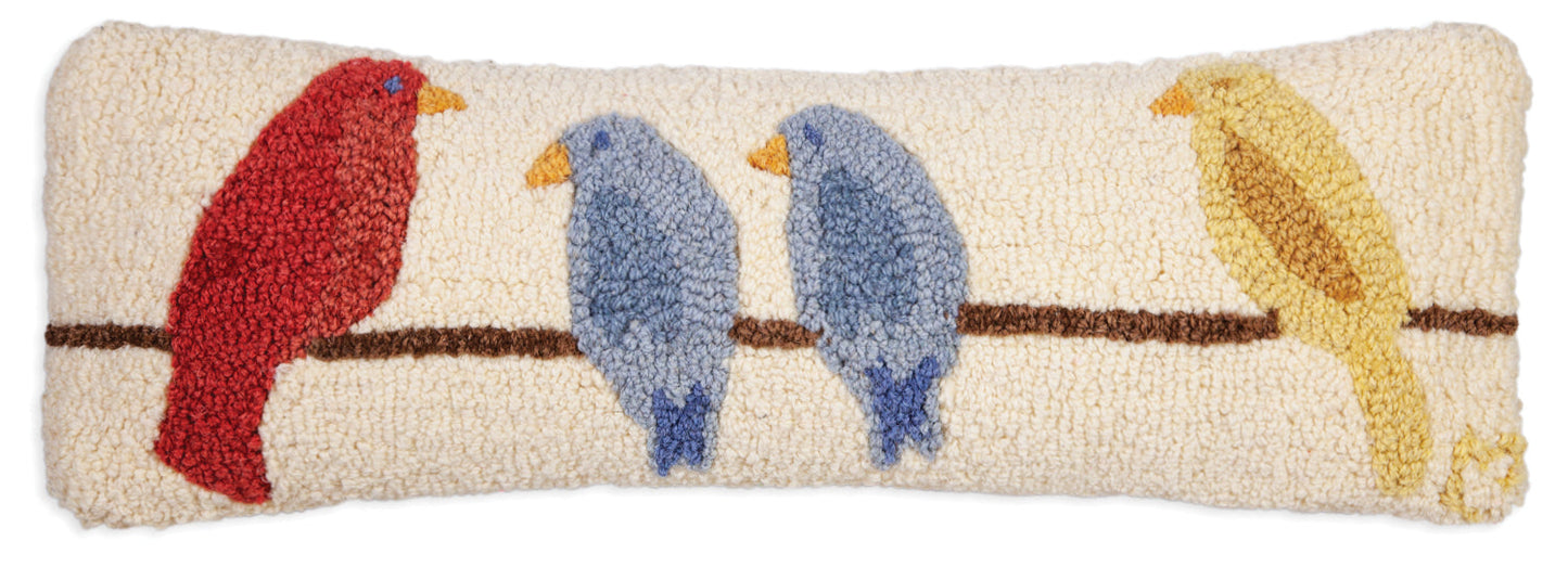 Hooked Wool Pillow - Birds On A Wire 8 x 24"