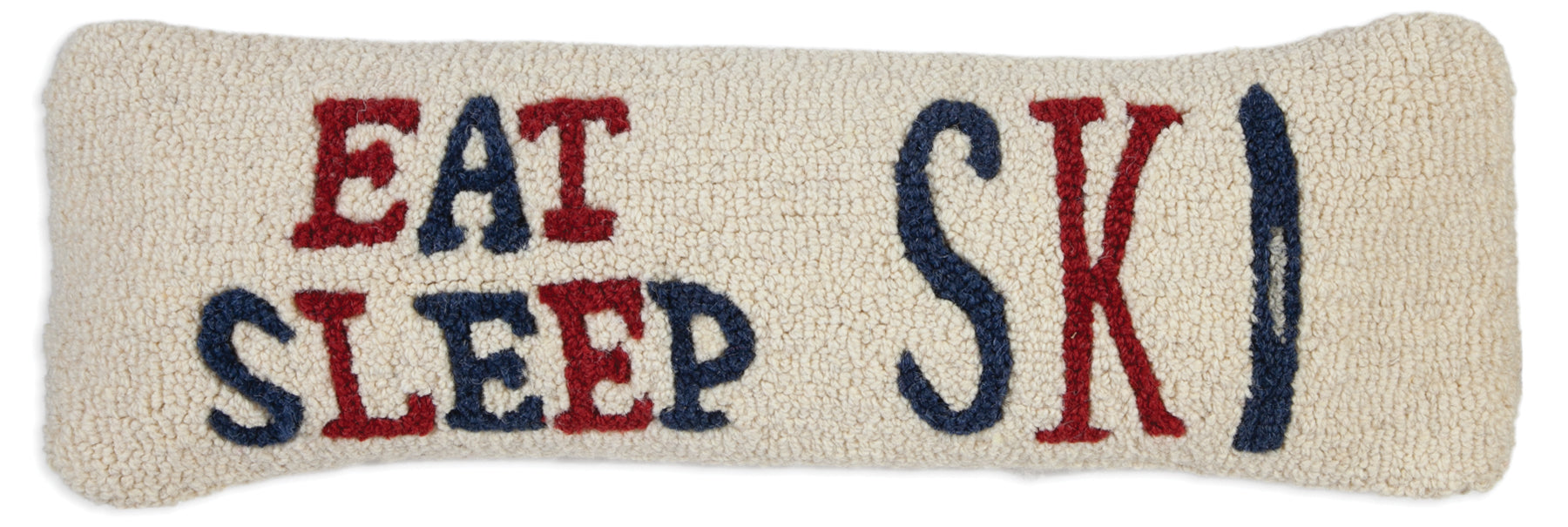 Hooked Wool Pillow - Eat Sleep Ski - 8" x 24"