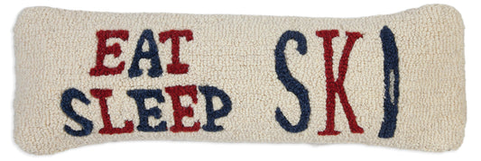 Hooked Wool Pillow - Eat Sleep Ski - 8" x 24"