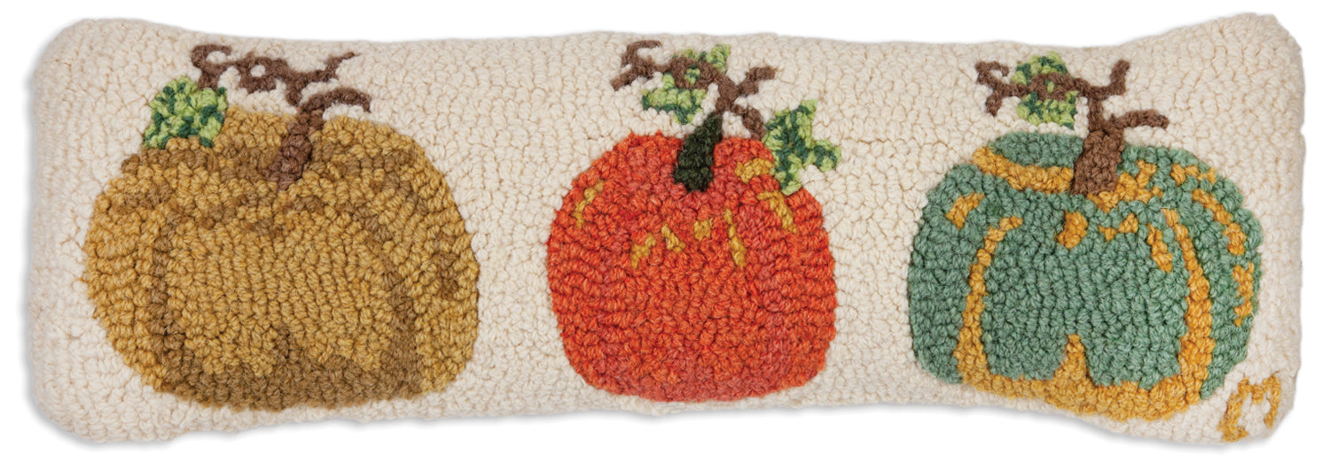 Hooked Wool Pillow - Three Pumpkin Patch - 8" x 24"