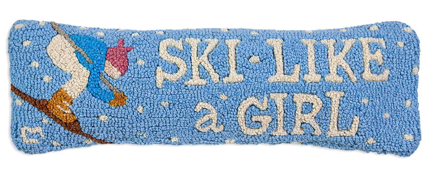 Hooked Wool Pillow - Ski Like A Girl - 8" x 24"