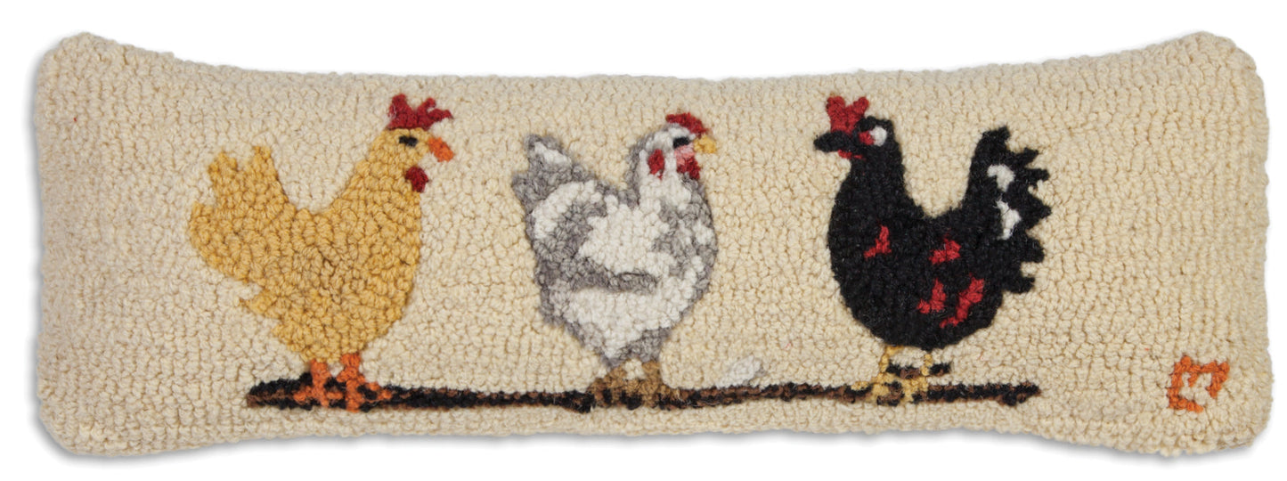 Hooked Wool Pillow - Three Hens - 8" x 24"