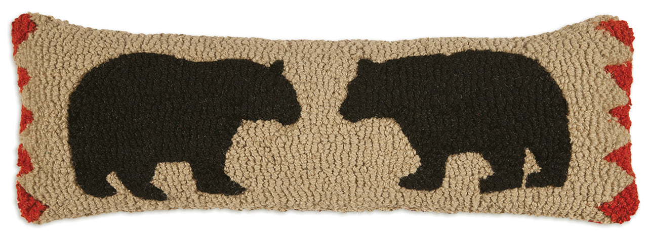 Hooked Wool Pillow - Two Black Bears On Beige - 8" x 24"