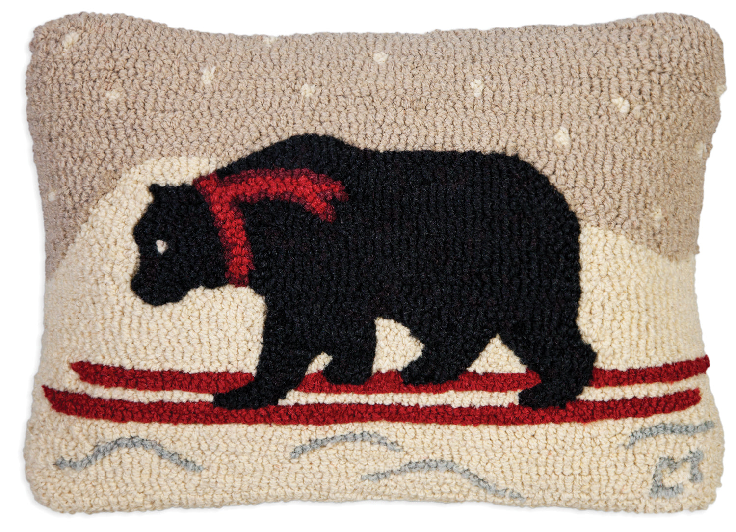 Hooked Wool Pillow - Bearly Skiing - 14" x 20"