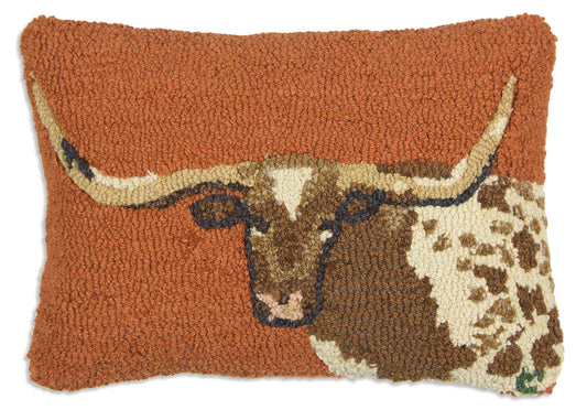 Hooked Wool Pillow - Longhorn Steer - 14" x 20"