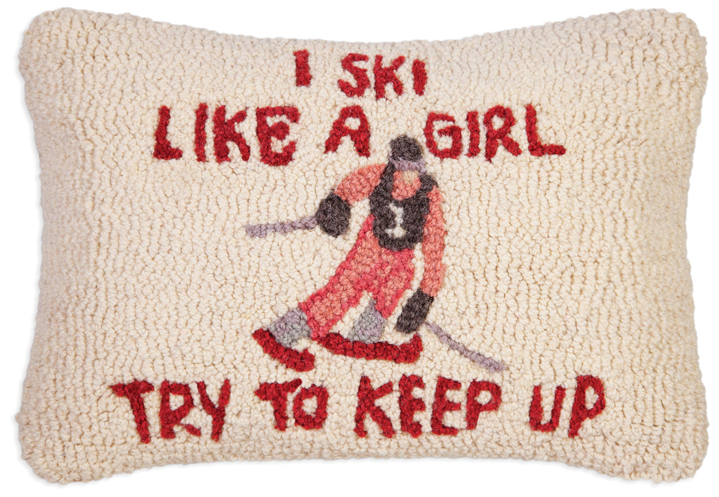 Hooked Wool Pillow - Ski Like A Girl - 14" x 20"