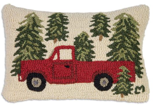 Hooked Wool Pillow - Truck In Trees - 14" x 20"