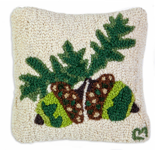 Hooked Wool Pillow - Acorns And Oak Leaves - 14" x 14"