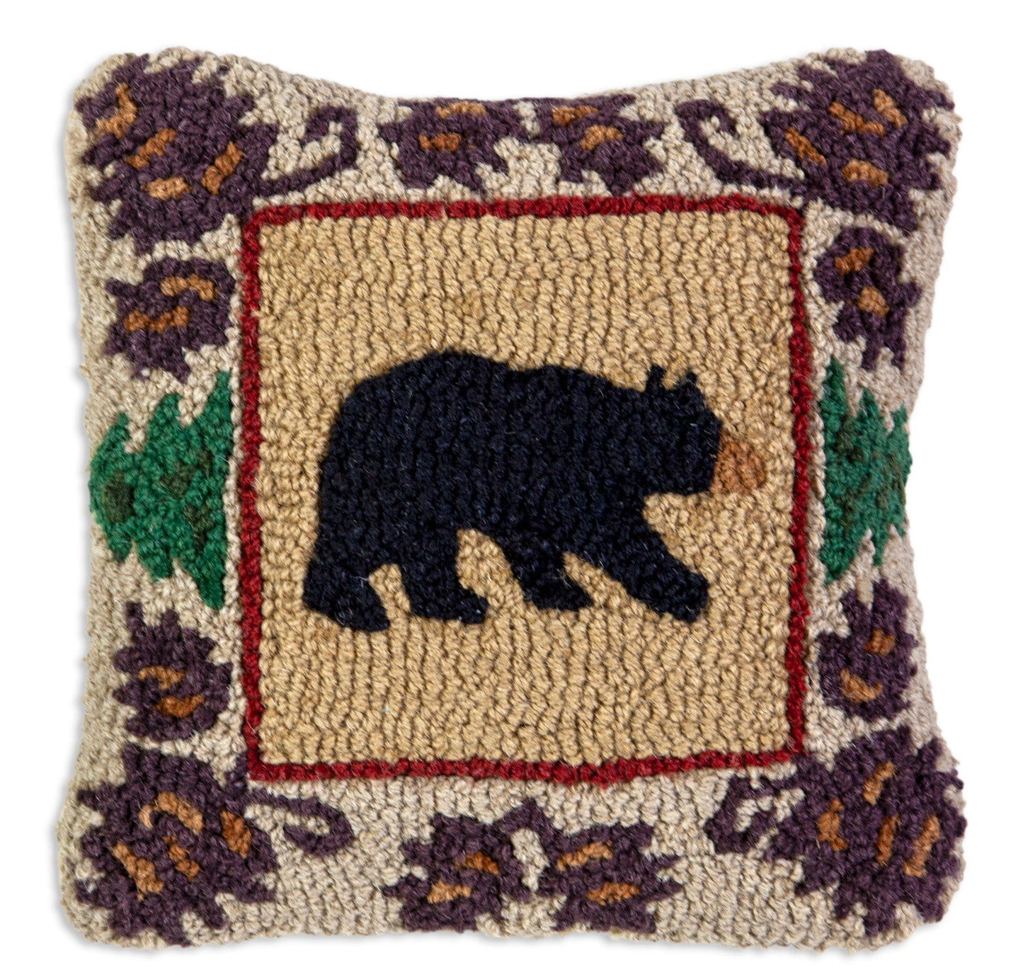 Hooked Wool Pillow - Northwoods Bear - 14" x 14"