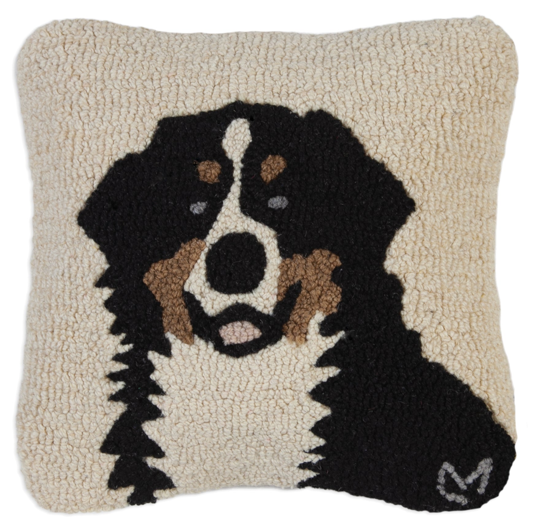 Hooked Wool Pillow - Bernese Mountain Dog - 14" x 14"