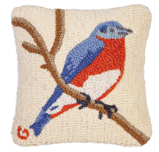 Hooked Wool Pillow - Bluebird On White - 14" x 14"