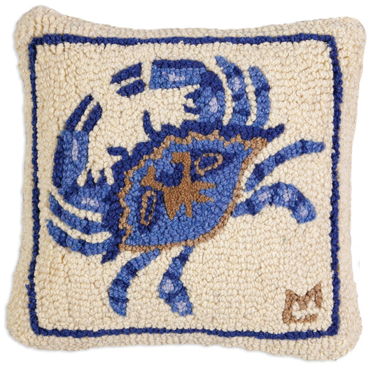 Hooked Wool Pillow - Blue Crab - 14" x 14"