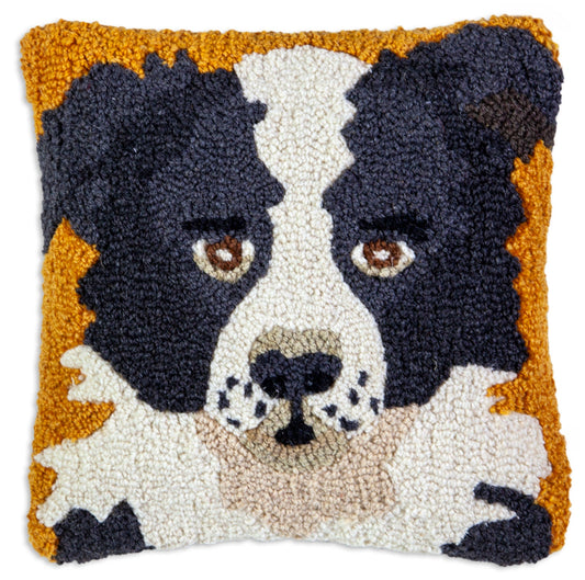 Hooked Wool Pillow - Border Collie - 14" x 14"