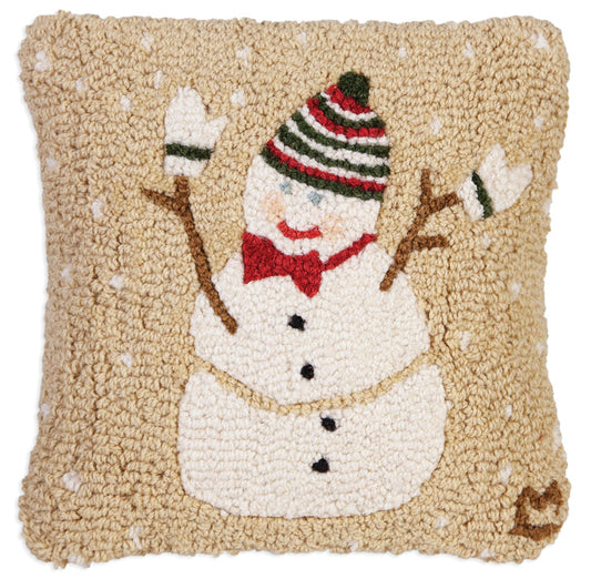 Hooked Wool Pillow - Bow Tie Boy Snowman - 14" x 14"