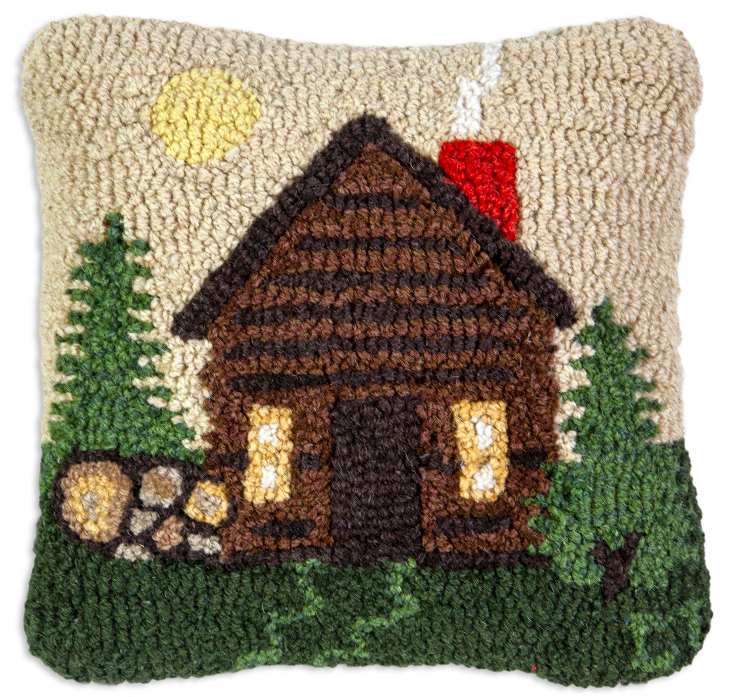 Hooked Wool Pillow - Rocky Hill Cabin - 14" x 14"