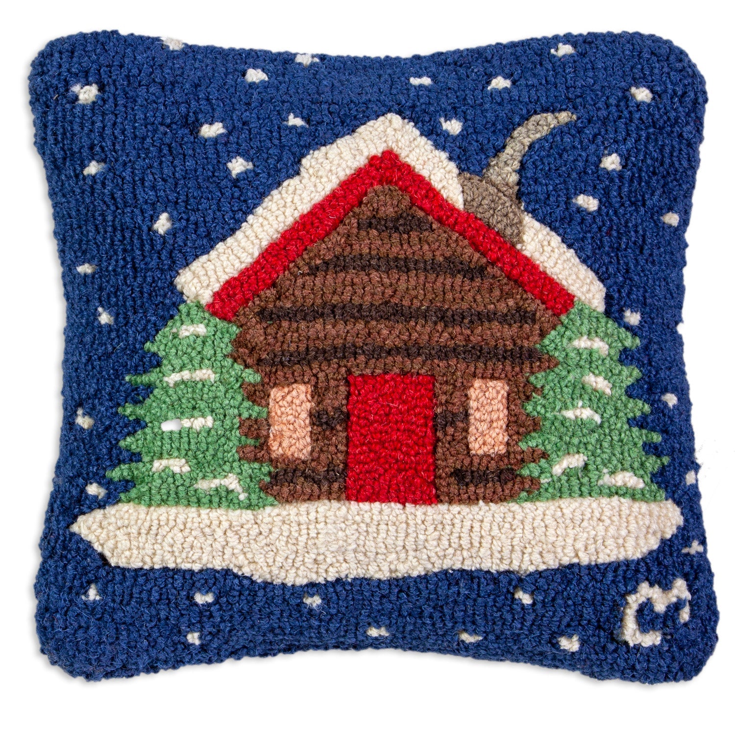 Hooked Wool Pillow - Cabin In Snow - 14" x 14"