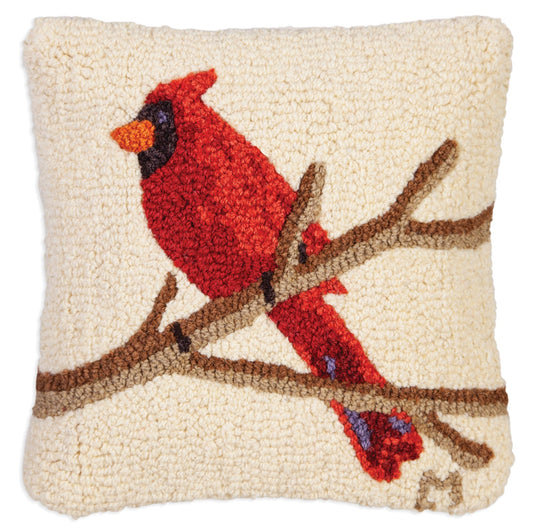 Hooked Wool Pillow - Cardinal On White - 14" x 14"