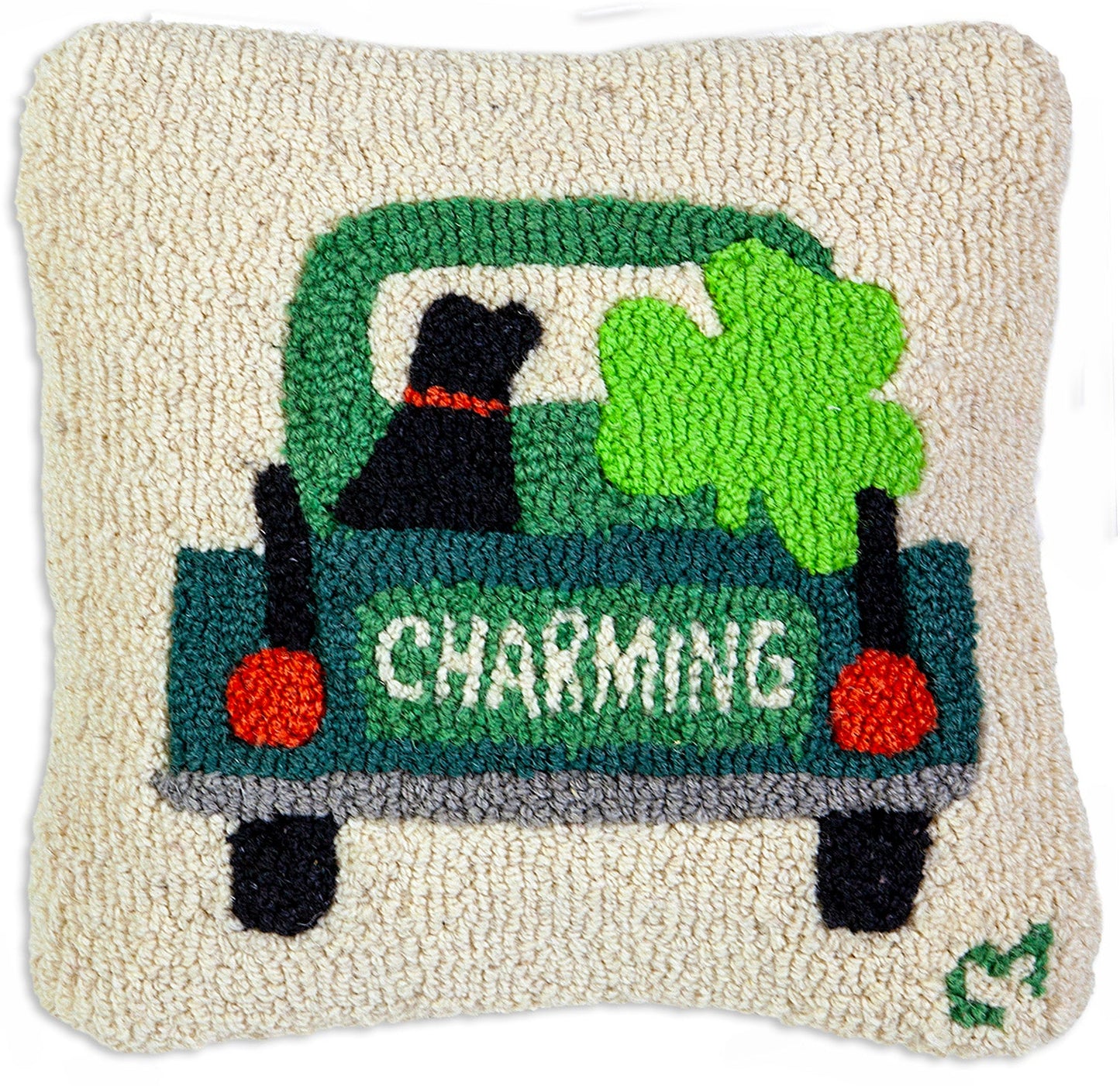 Hooked Wool Pillow - Charming Truck - 14" x 14"