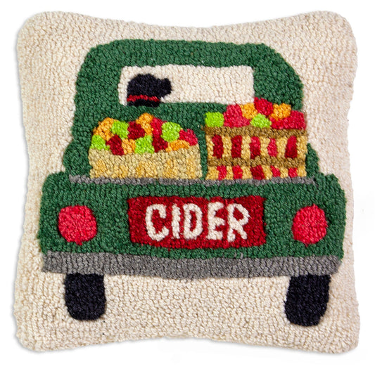 Hooked Wool Pillow - Cider Truck - 14" x 14"