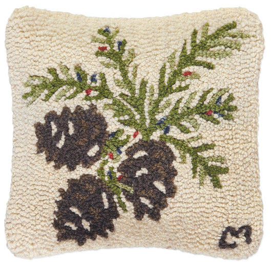 Hooked Wool Pillow - Pinecones And Berries - 14" x 14"