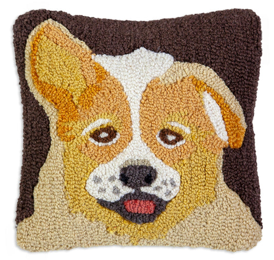 Hooked Wool Pillow - Corgi - 14" x 14"