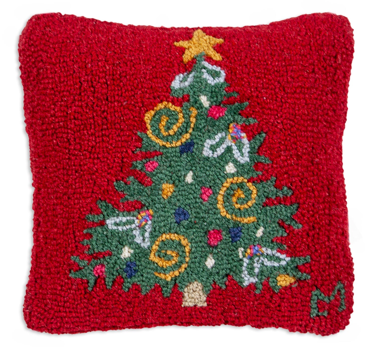 Hooked Wool Pillow - Curly Christmas Tree - 14" x 14"