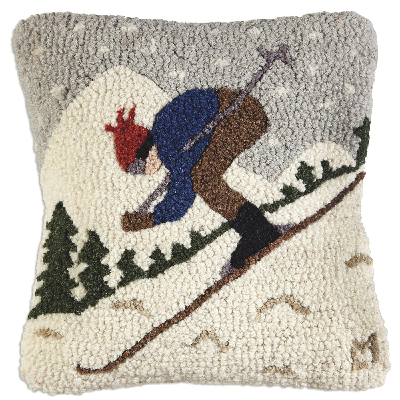 Hooked Wool Pillow - Downhill Skier - 14" x 14"