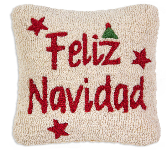 Hooked Wool Pillow - Feliz Navidad - 14" x 14"