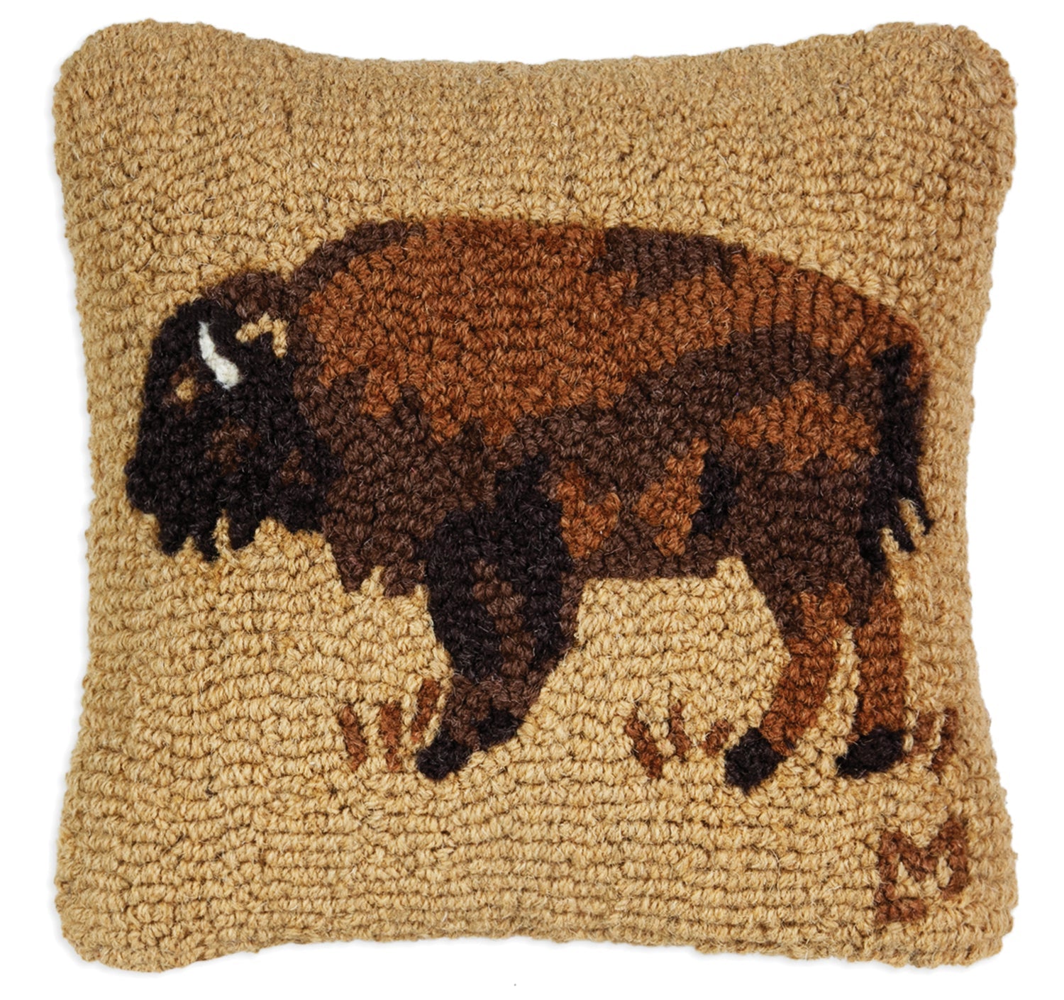 Hooked Wool Pillow - Gold Buffalo - 14" x 14"