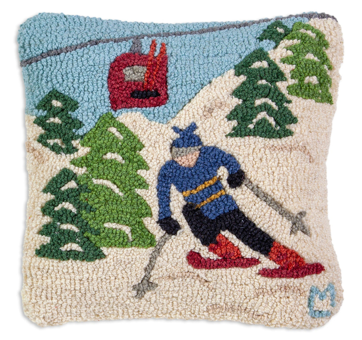 Hooked Wool Pillow - Gondola Guy - 14" x 14"