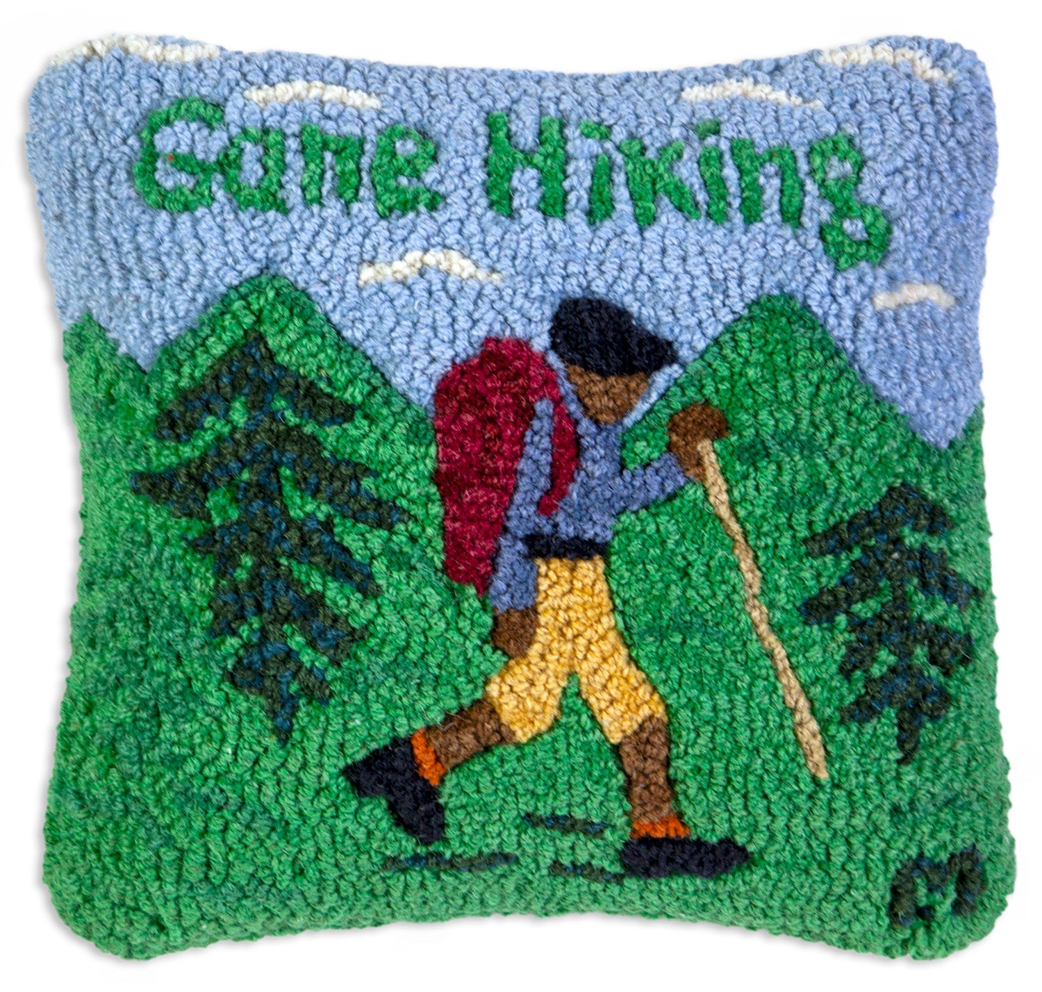 Hooked Wool Pillow - Gone Hiking - 14" x 14"