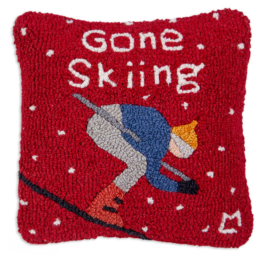 Hooked Wool Pillow - Gone Skiing - 14" x 14"