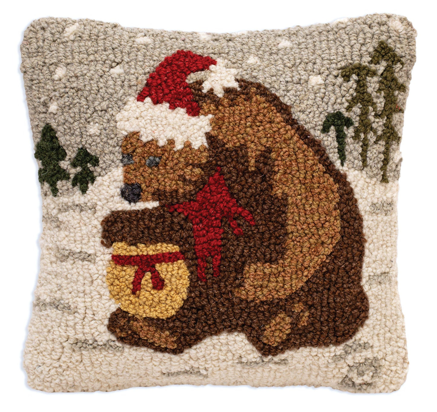 Holiday Bear - 14" X 14" Hooked Wool Pillow