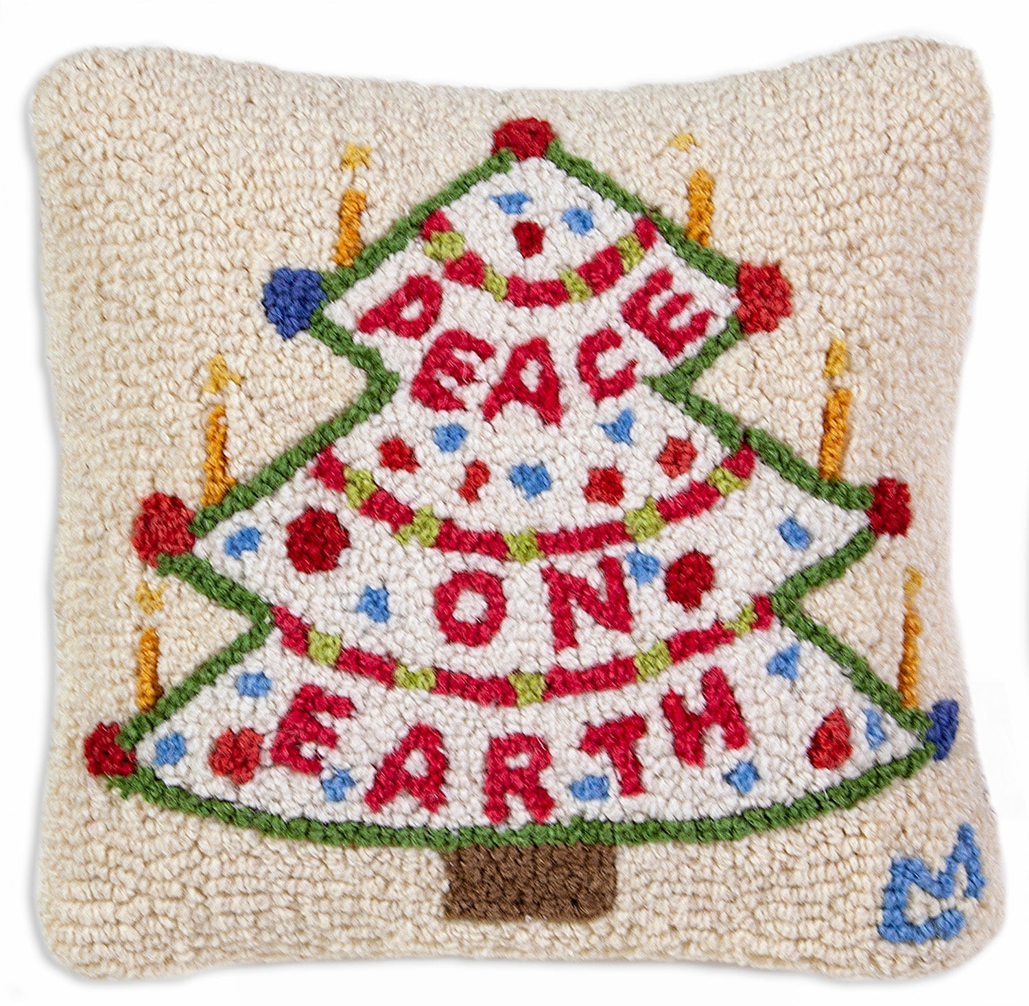 Hooked Wool Pillow - Peace On Earth - 14" x 14"