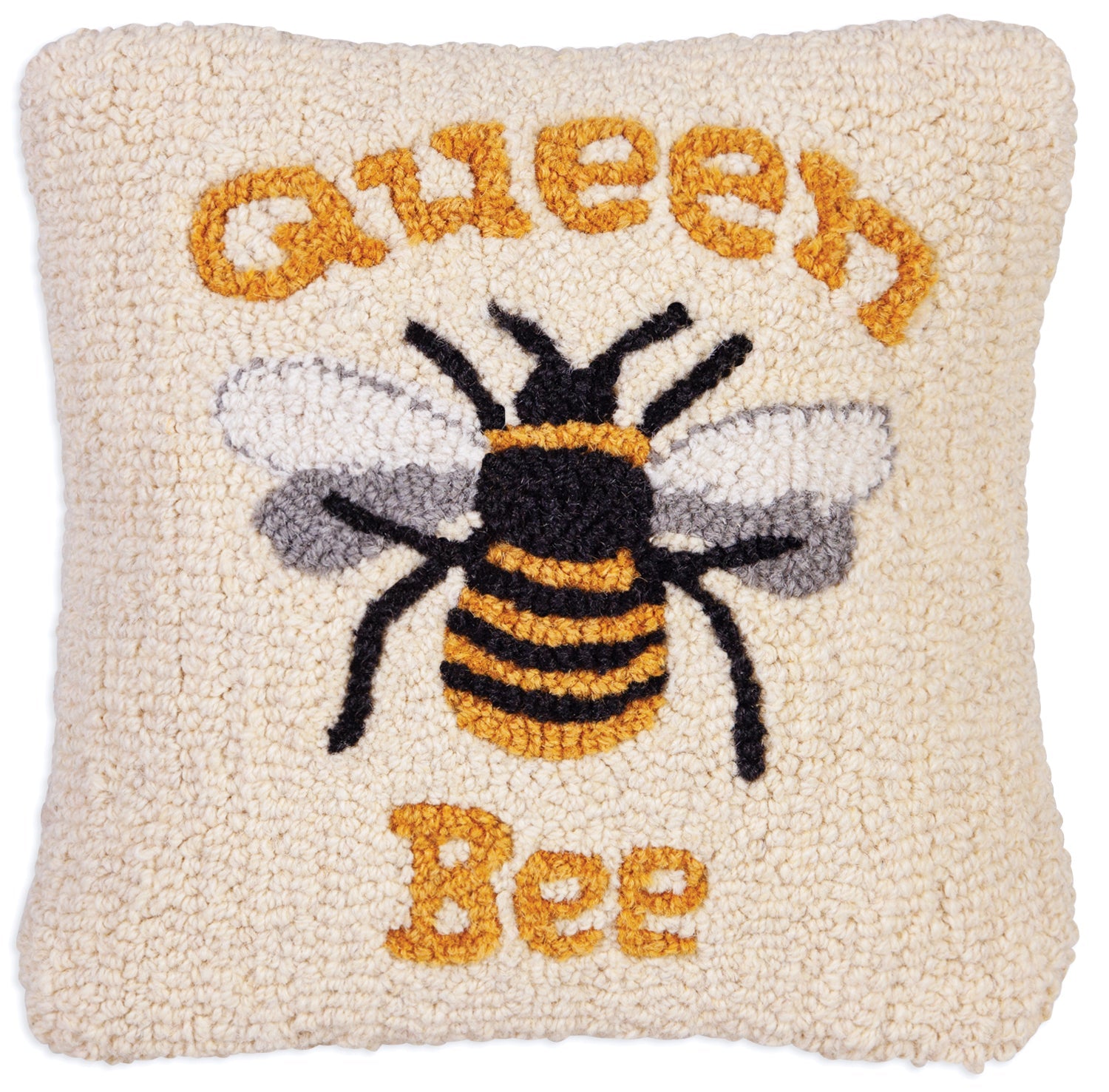 Hooked Wool Pillow - Queen Bee - 14" x 14"