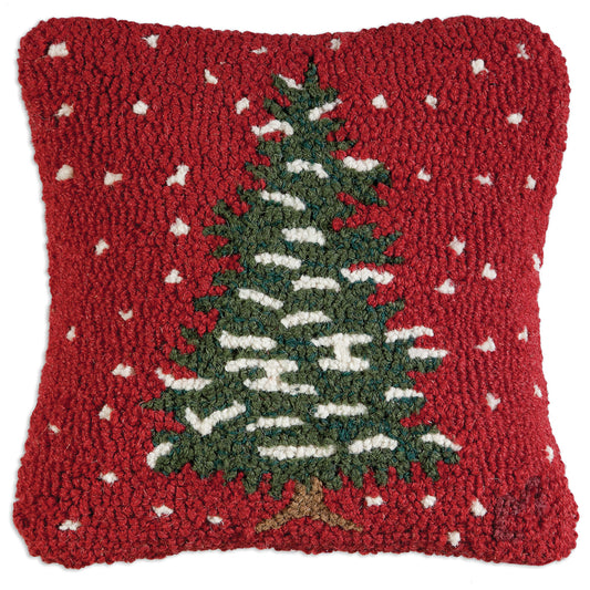 Hooked Wool Pillow - Red Flurries Tree - 14" x 14"