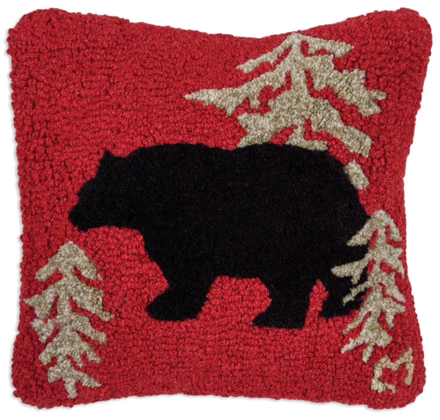 Hooked Wool Pillow - Red Wandering Bear - 14" x 14"