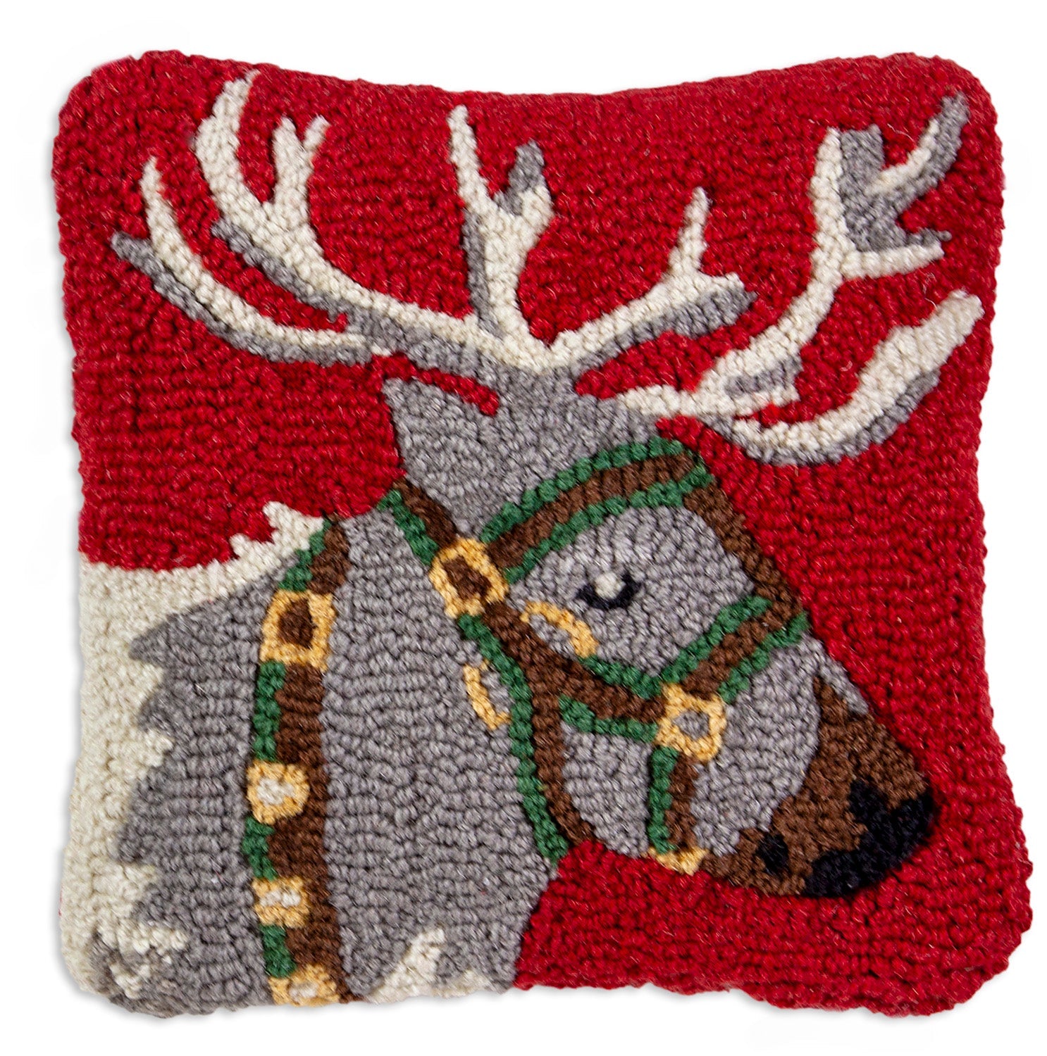 Hooked Wool Pillow - Reindeer - 14" x 14"