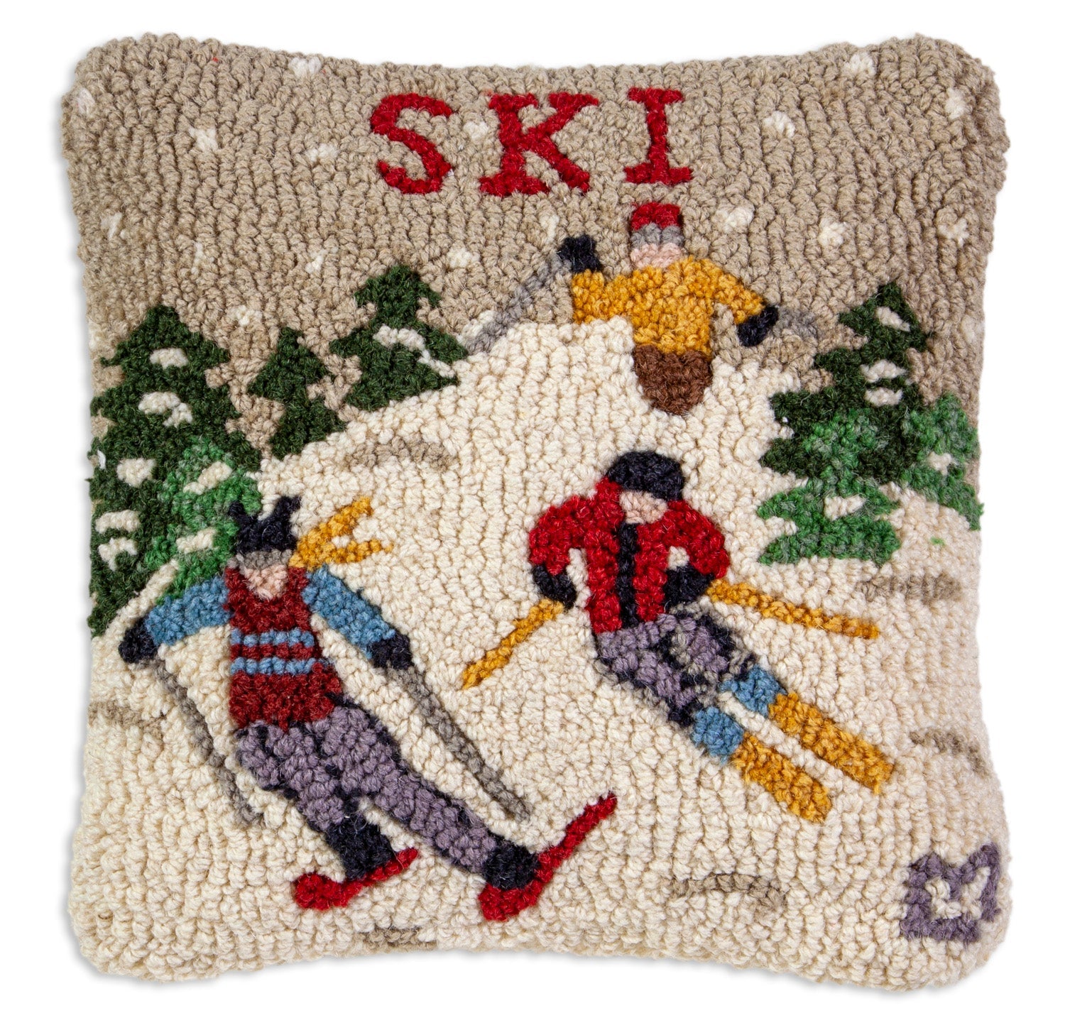 Hooked Wool Pillow - Ski - 14" x 14"