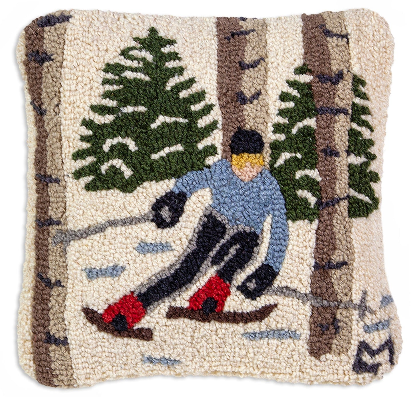 Hooked Wool Pillow - Skiing The Trees - 14" x 14"