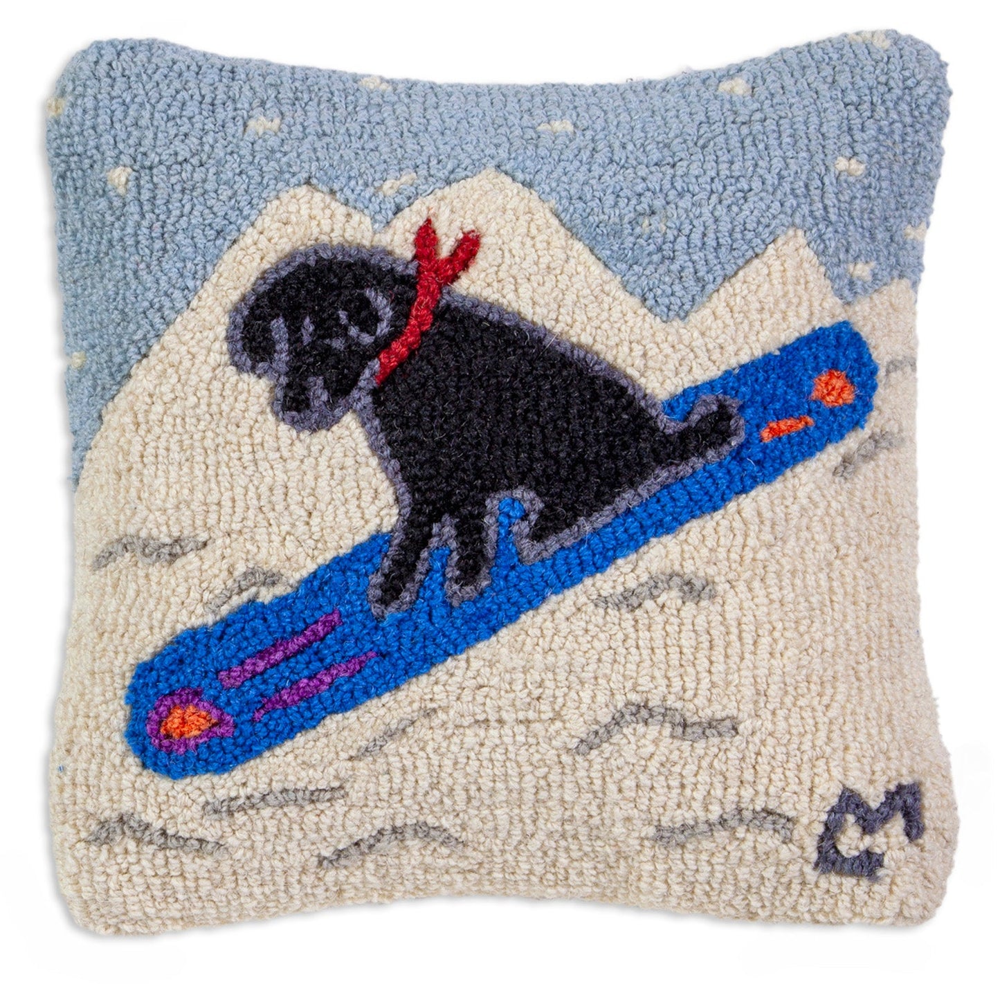 Hooked Wool Pillow - Snowboard Lab - 14" x 14"