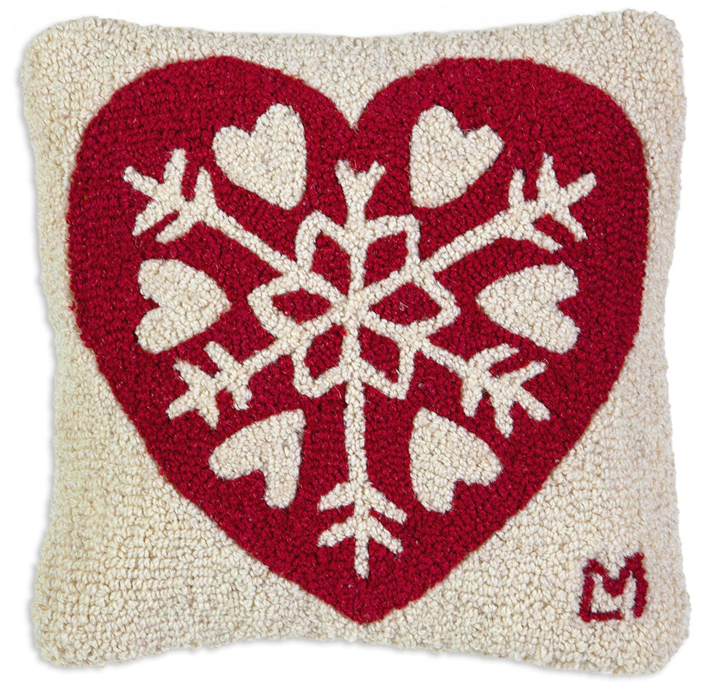 Hooked Wool Pillow - Snowflake Heart - 14" x 14"