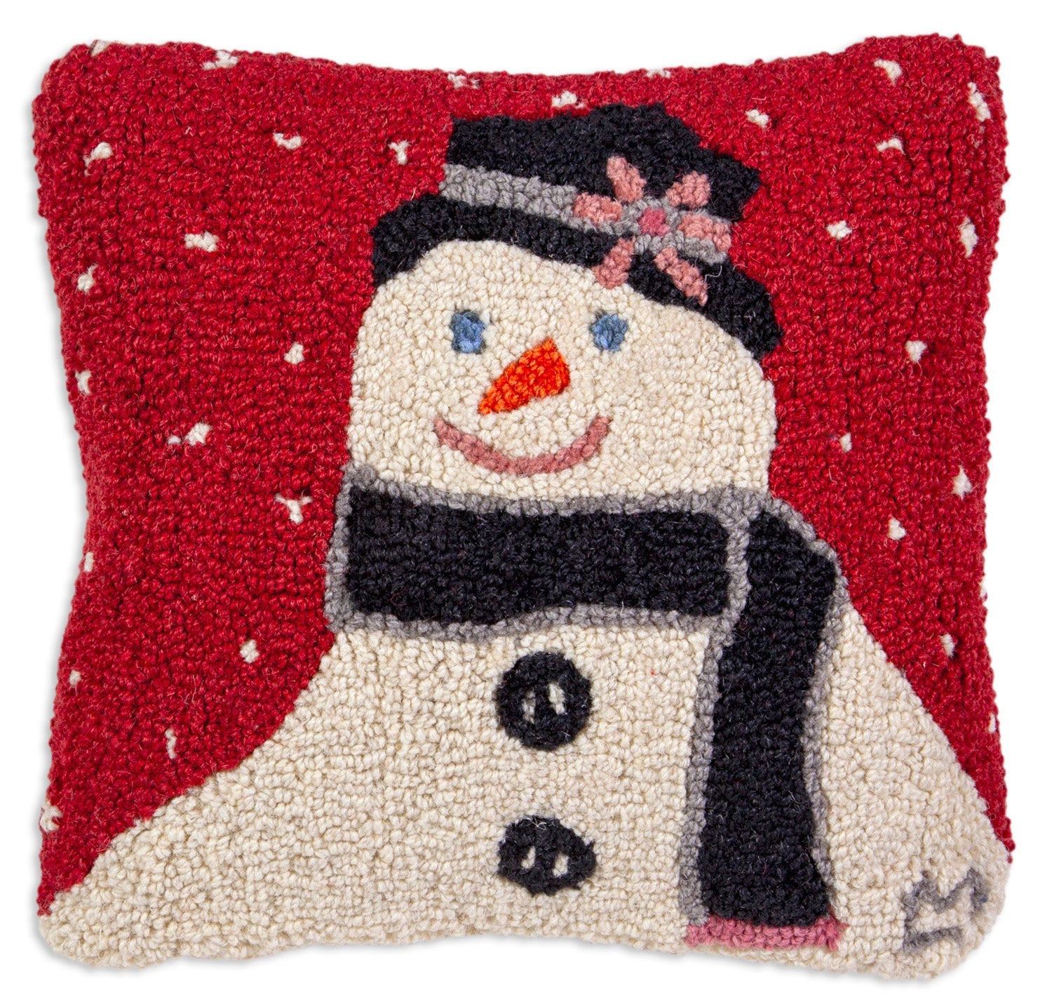 Hooked Wool Pillow - Snow Flower Man - 14" x 14"